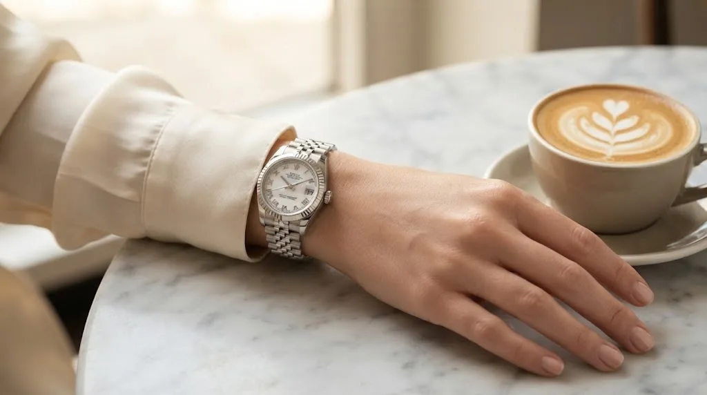 Illustrative render — buying it on amazon of the Rolex Lady-Datejust 26 ref. 79174 (steel, white gold fluted bezel, white Roman dial, Jubilee bracelet, box and papers, pre-owned)