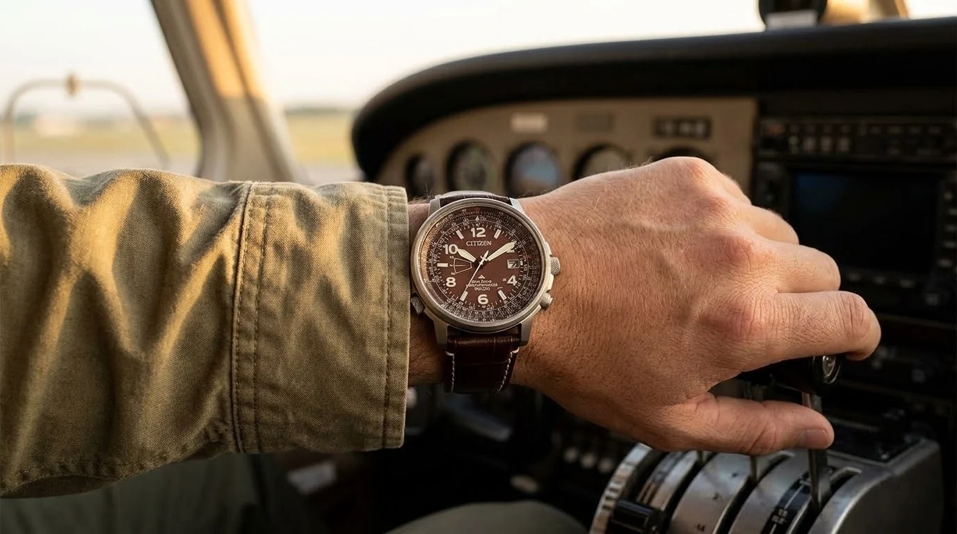 Illustrative render — 42.4mm on leather of the Citizen Promaster Sky CB0248