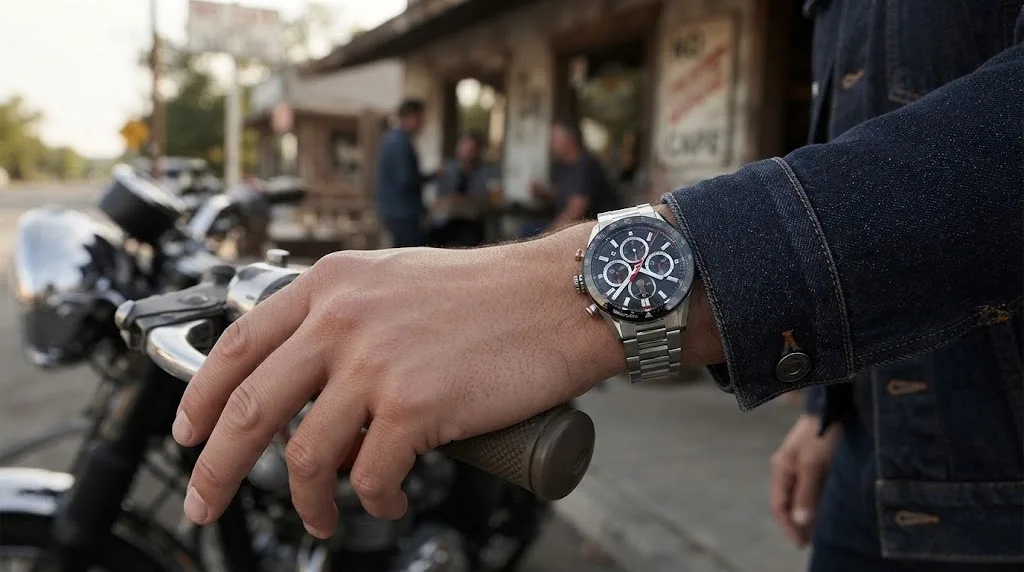 Illustrative render — buying it on amazon of the TAG Heuer Carrera Chronograph 41mm CBM2110.BA0651 (steel, black dial, ceramic bezel, steel bracelet, Calibre 16)