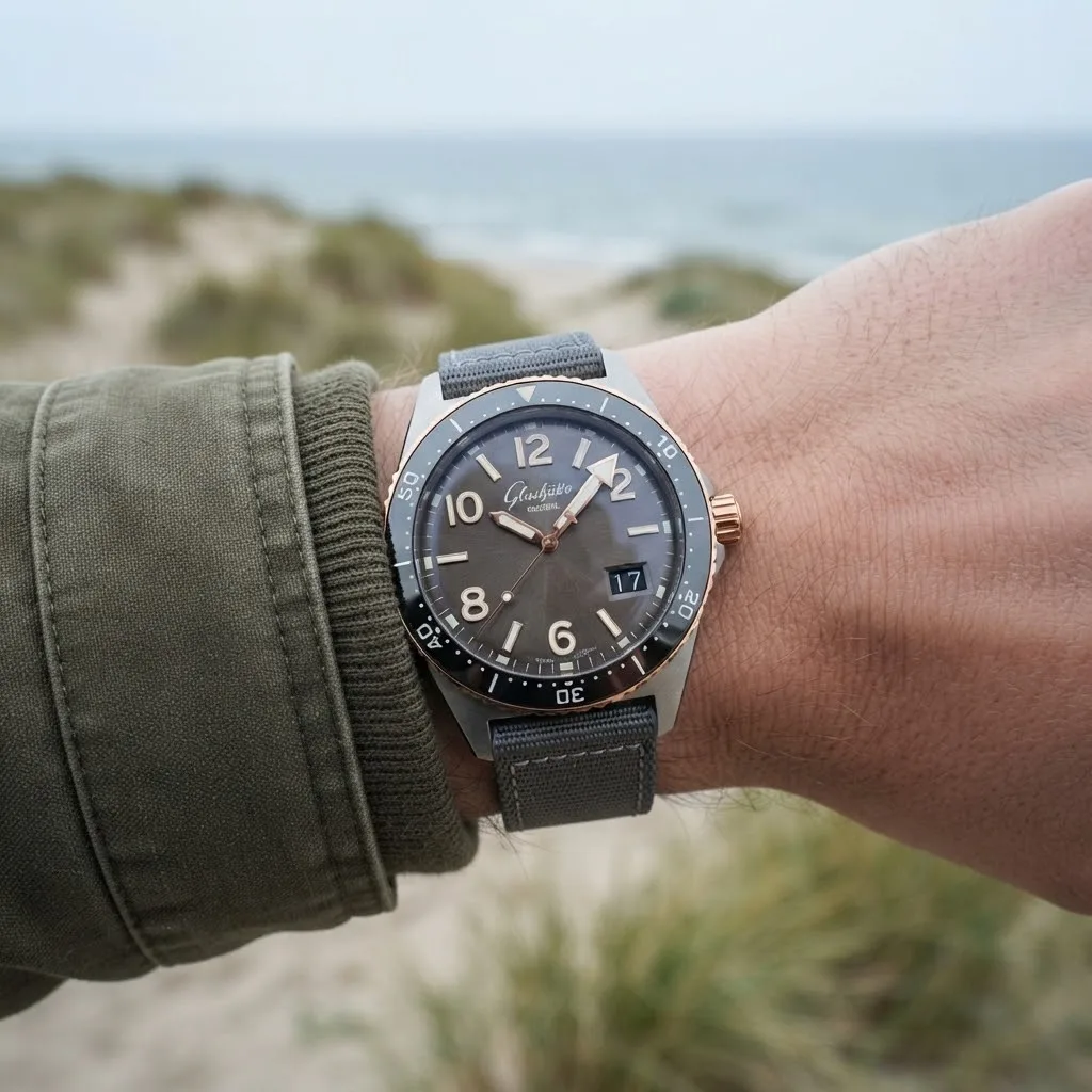 Illustrative render — buying it on amazon of the Glashütte Original SeaQ Panorama Date 1-36-13-04-91-34 (steel and red gold, grey dial, nylon strap)