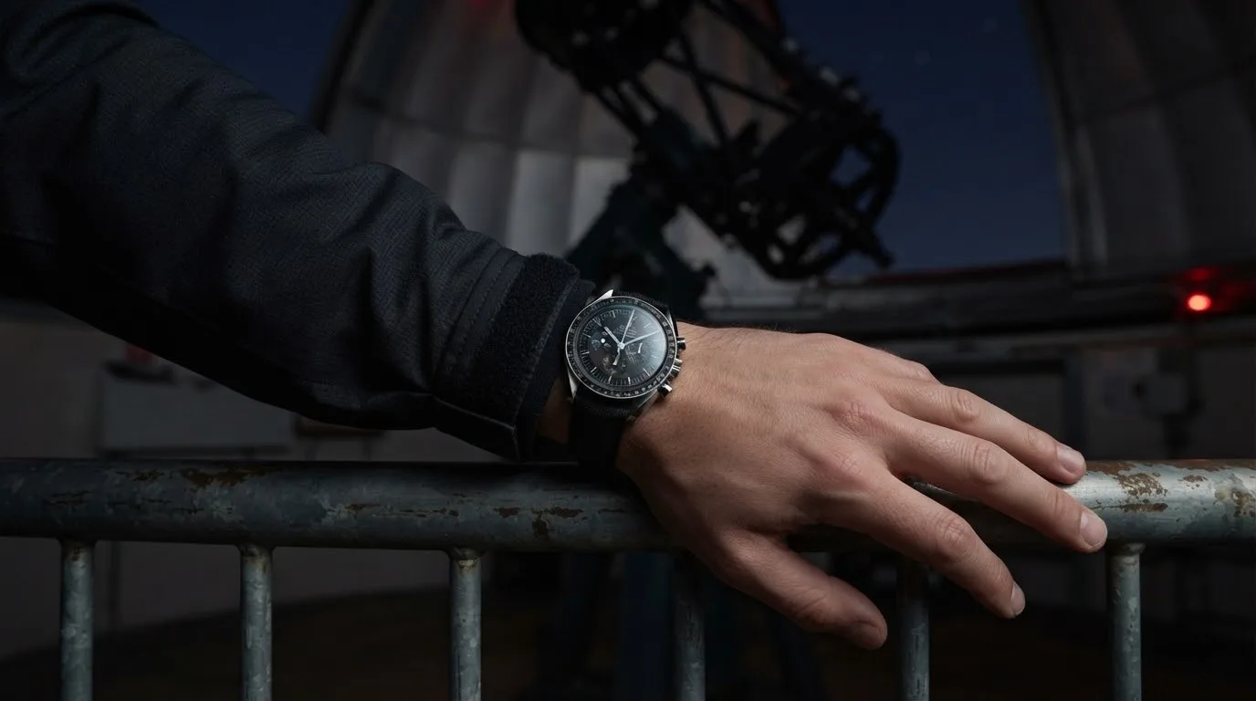 Illustrative render — buying it on amazon of the Omega Speedmaster Moonwatch Professional Co-Axial Master Chronometer 42mm 310.32.42.50.01.001 (hesalite, black nylon strap)