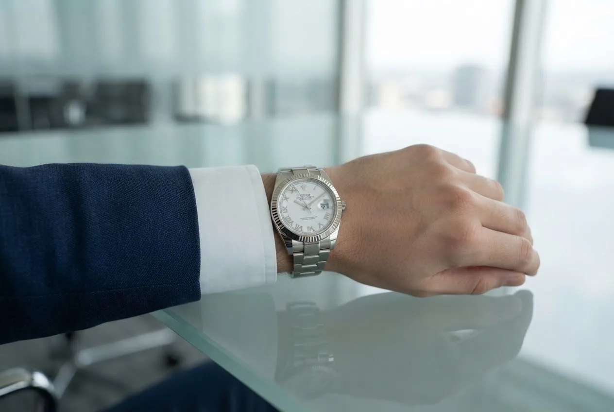 Illustrative render — buying it pre-owned on amazon of the Rolex Datejust 41 (steel, white gold fluted bezel, white Roman dial)