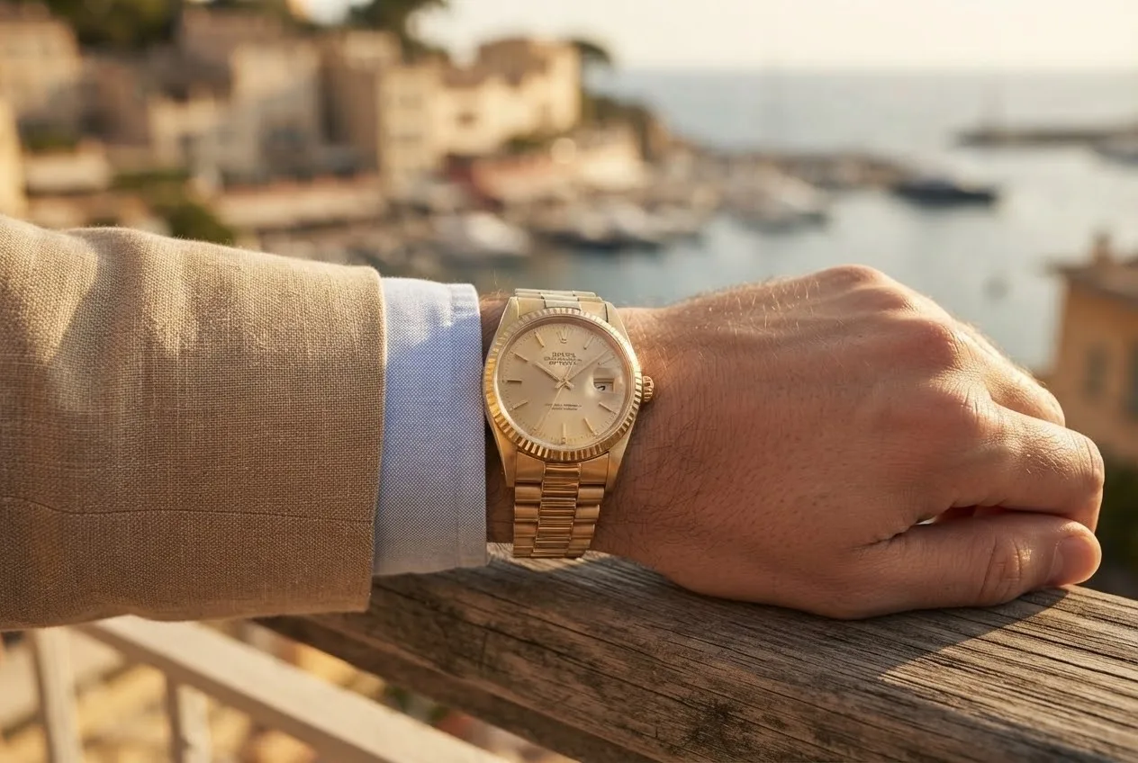 Illustrative render — buying it pre-owned on amazon of the Rolex Oyster Perpetual Date 15238 (18k yellow gold, 34mm, champagne dial)