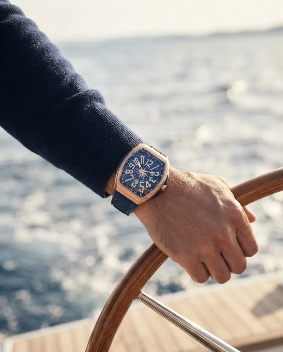 Illustrative render — buying it on amazon of the Franck Muller Vanguard Yachting V 45 SC DT 5N.BL (18k rose gold, blue compass dial, blue rubber strap)