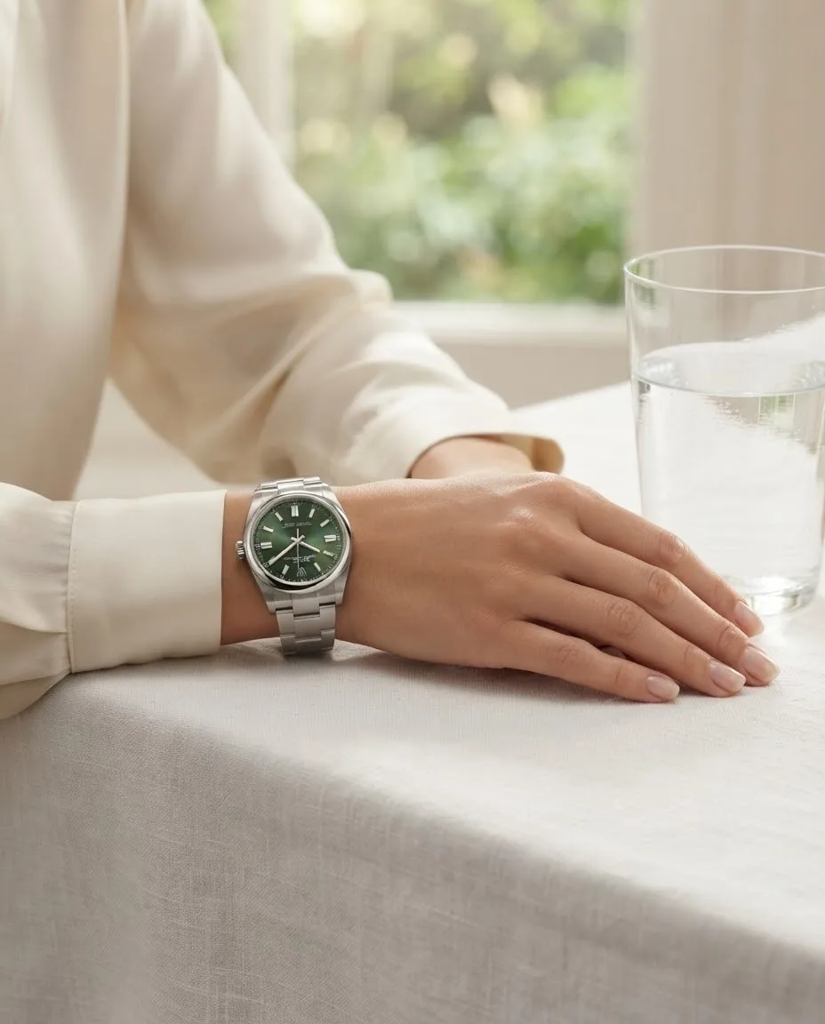 Illustrative render — buying it pre-owned on amazon of the Rolex Oyster Perpetual 31 (steel, green dial, Oyster bracelet)