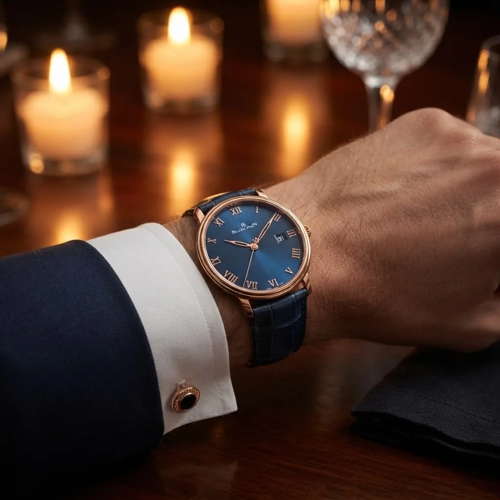 Illustrative render — buying it on amazon of the Blancpain Villeret Ultraplate 6651-3640-55B (18k red gold, blue dial, blue alligator strap)
