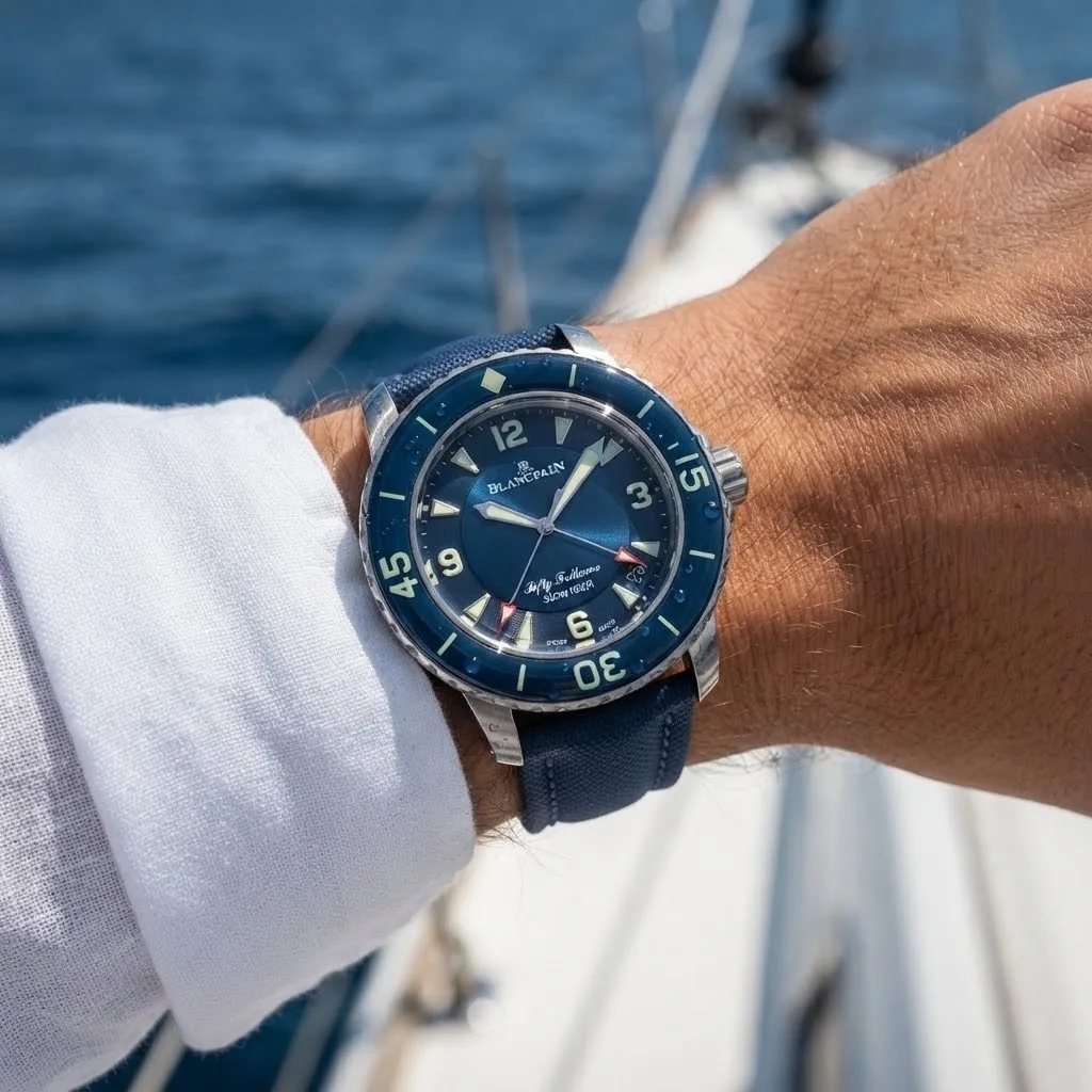 Illustrative render — buying it on amazon of the Blancpain Fifty Fathoms Automatique 5015-12B40-O52A (steel, blue dial, blue sail-canvas strap)