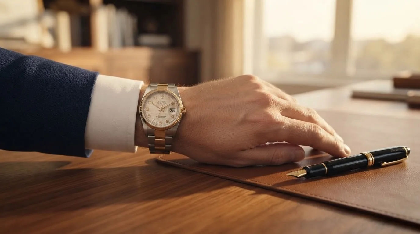 Illustrative render — buying it on amazon of the Rolex Datejust 36 ref. 16233 (steel and 18k yellow gold, ivory Jubilee-pattern dial with Arabic numerals, fluted bezel, Jubilee bracelet, pre-owned)