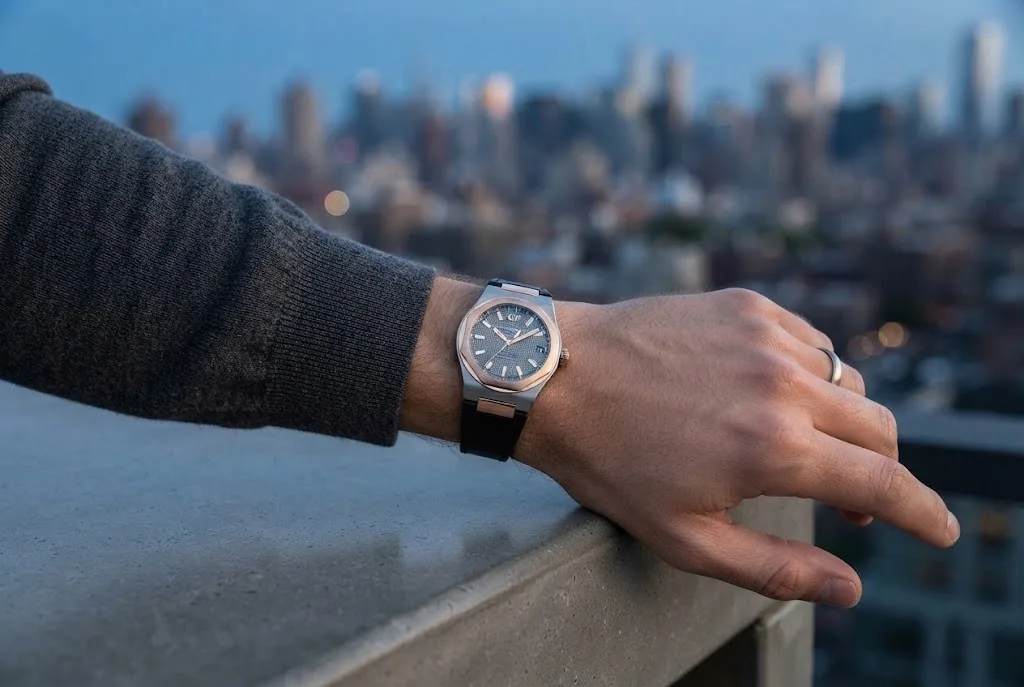 Illustrative render — buying it on amazon of the Girard-Perregaux Laureato 42 (titanium and pink gold, grey Clous de Paris dial, alligator strap)