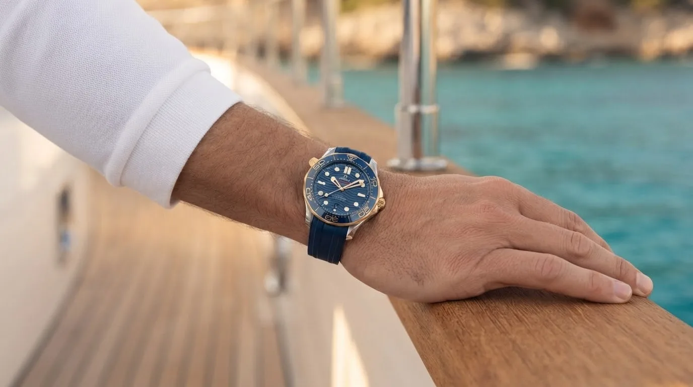 Illustrative render — buying it on amazon of the Omega Seamaster Diver 300M Co-Axial Master Chronometer 42mm 210.22.42.20.03.001 (steel and yellow gold, blue ceramic dial, blue rubber strap)