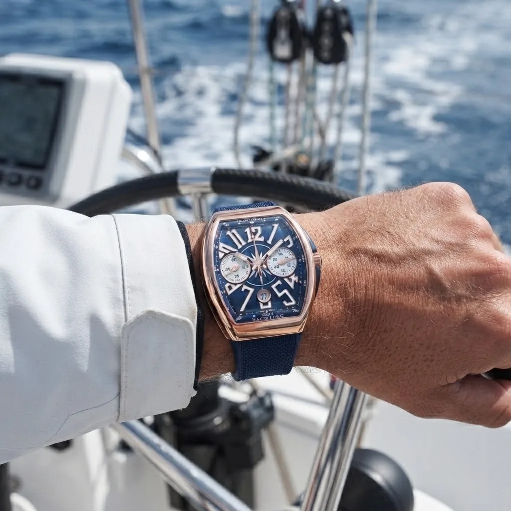 Illustrative render — buying it on amazon of the Franck Muller Vanguard Yachting V 45 CC DT chronograph (18k rose gold, blue compass dial, blue rubber strap)