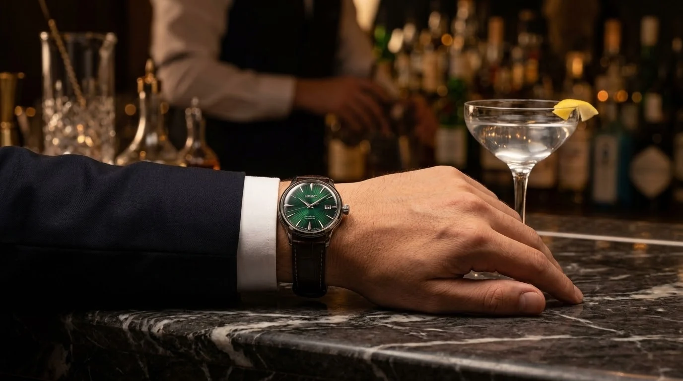 Illustrative render — size and strap of the Seiko Presage Cocktail Time SRPE15