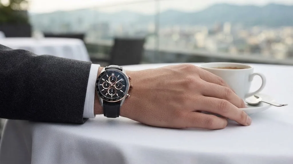 Illustrative render — buying it on amazon of the TAG Heuer Carrera Chronograph 44mm CBN2A5A.FC6481 (steel and 18k rose gold, black dial, black alligator strap, TH20-00)
