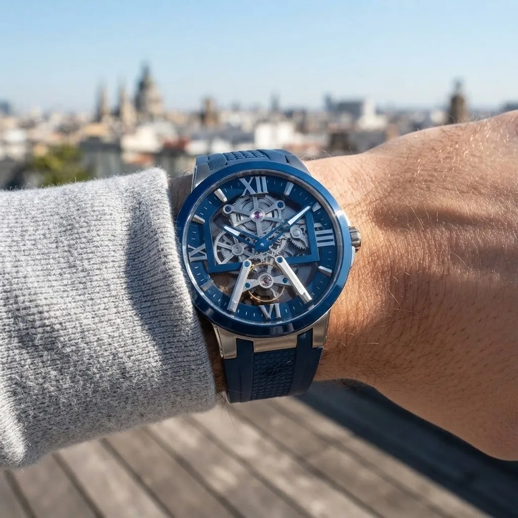 Illustrative render — buying it on amazon of the Ulysse Nardin Executive Skeleton X 3713-260-3/03 (titanium, blue bezel, blue rubber strap)