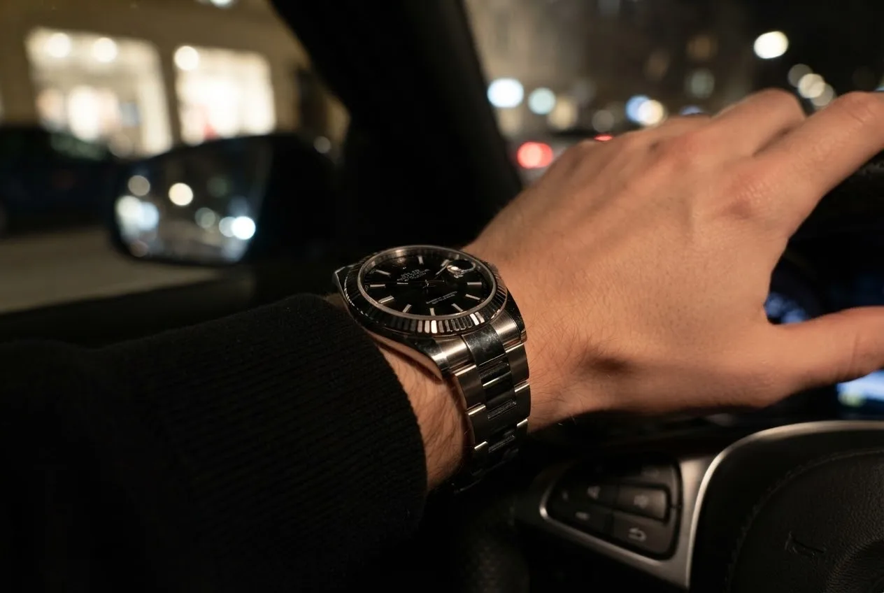 Illustrative render — buying it pre-owned on amazon of the Rolex Datejust 41 (steel, white gold fluted bezel, black dial, box and card)