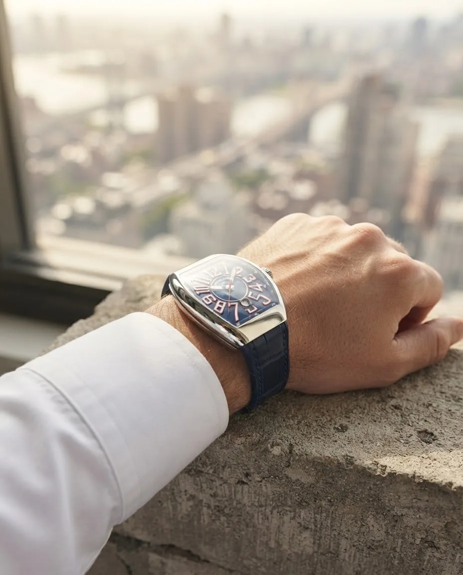Illustrative render — buying it on amazon of the Franck Muller Vanguard Crazy Hours V 45 CH TT (blue dial, white numerals outlined in red, blue alligator-grain leather-insert strap)