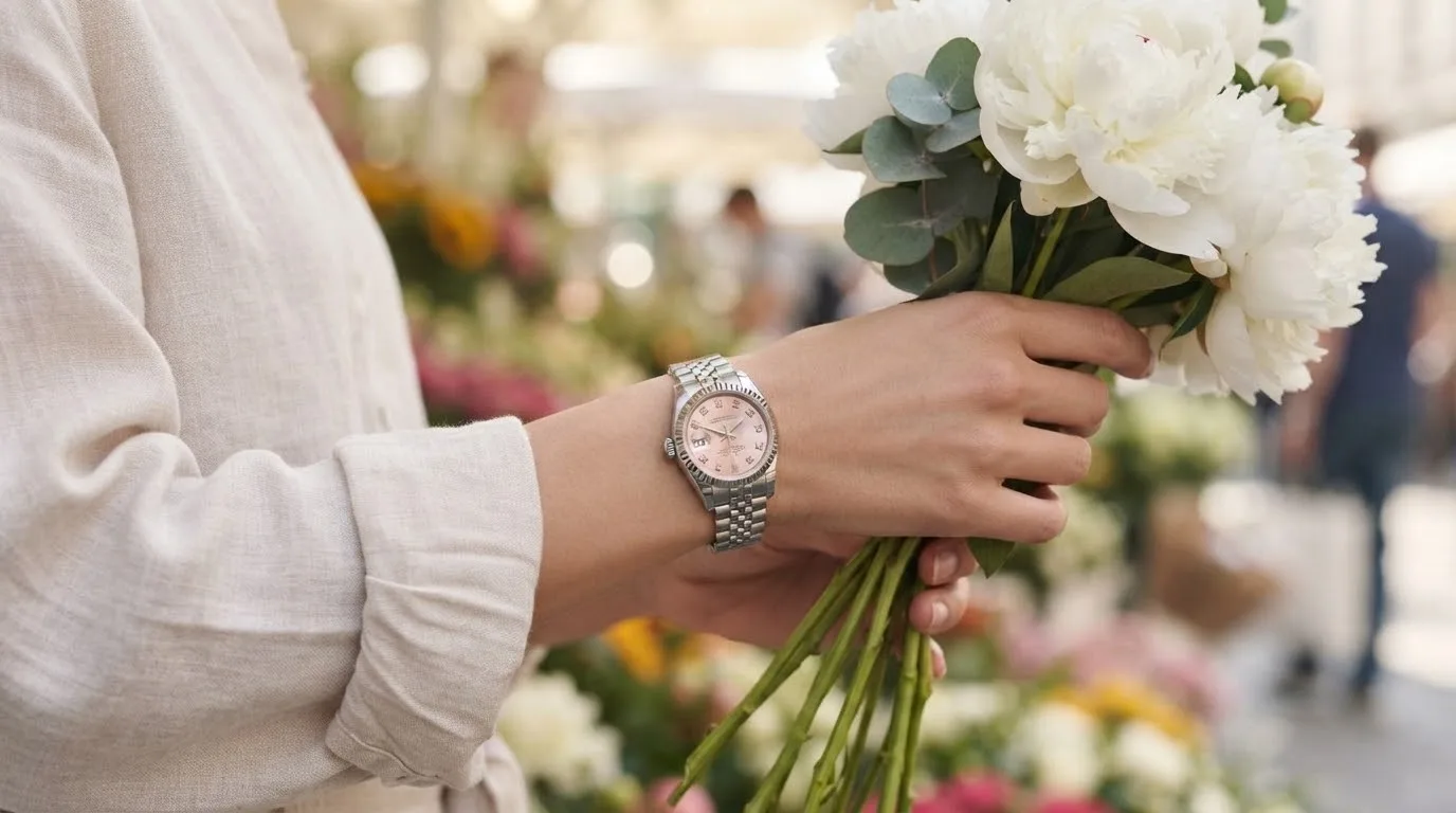 Illustrative render — buying it on amazon of the Rolex Lady-Datejust 26 ref. 79174 (steel, white gold fluted bezel, pink dial with Arabic numerals, Jubilee bracelet, pre-owned)