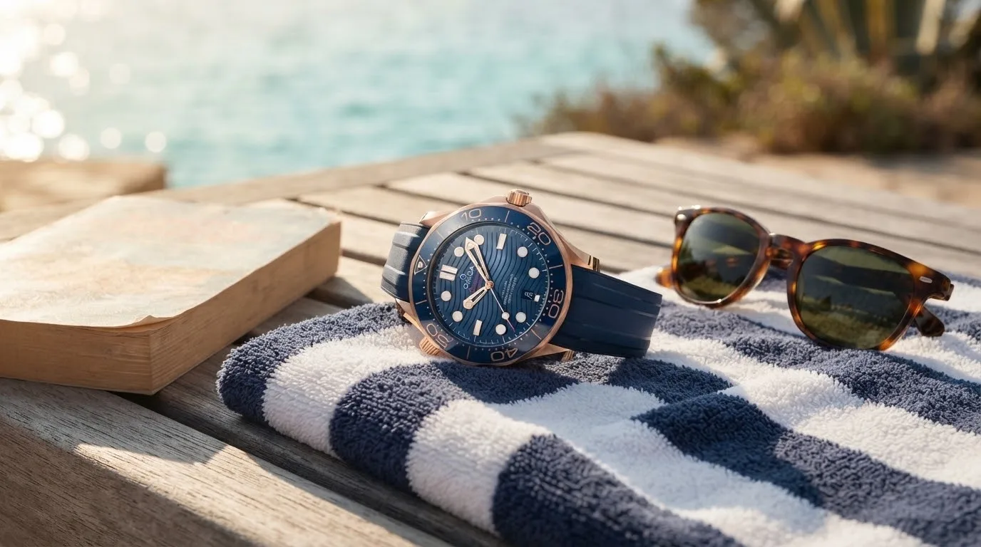 Illustrative render — buying it new on amazon of the Omega Seamaster Diver 300M 42mm (Sedna gold, rubber)