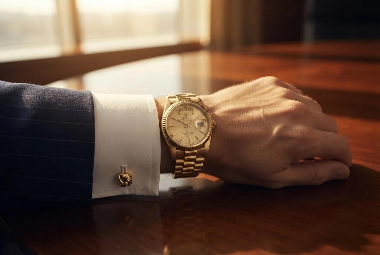 Illustrative render — buying it pre-owned on amazon of the Rolex Day-Date 18038 (18k yellow gold, champagne dial, President, box and papers)