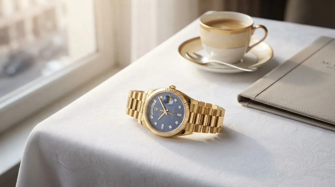 Illustrative render — buying it pre-owned on amazon of the Rolex Day-Date 18238 (18k yellow gold, blue diamond dial)