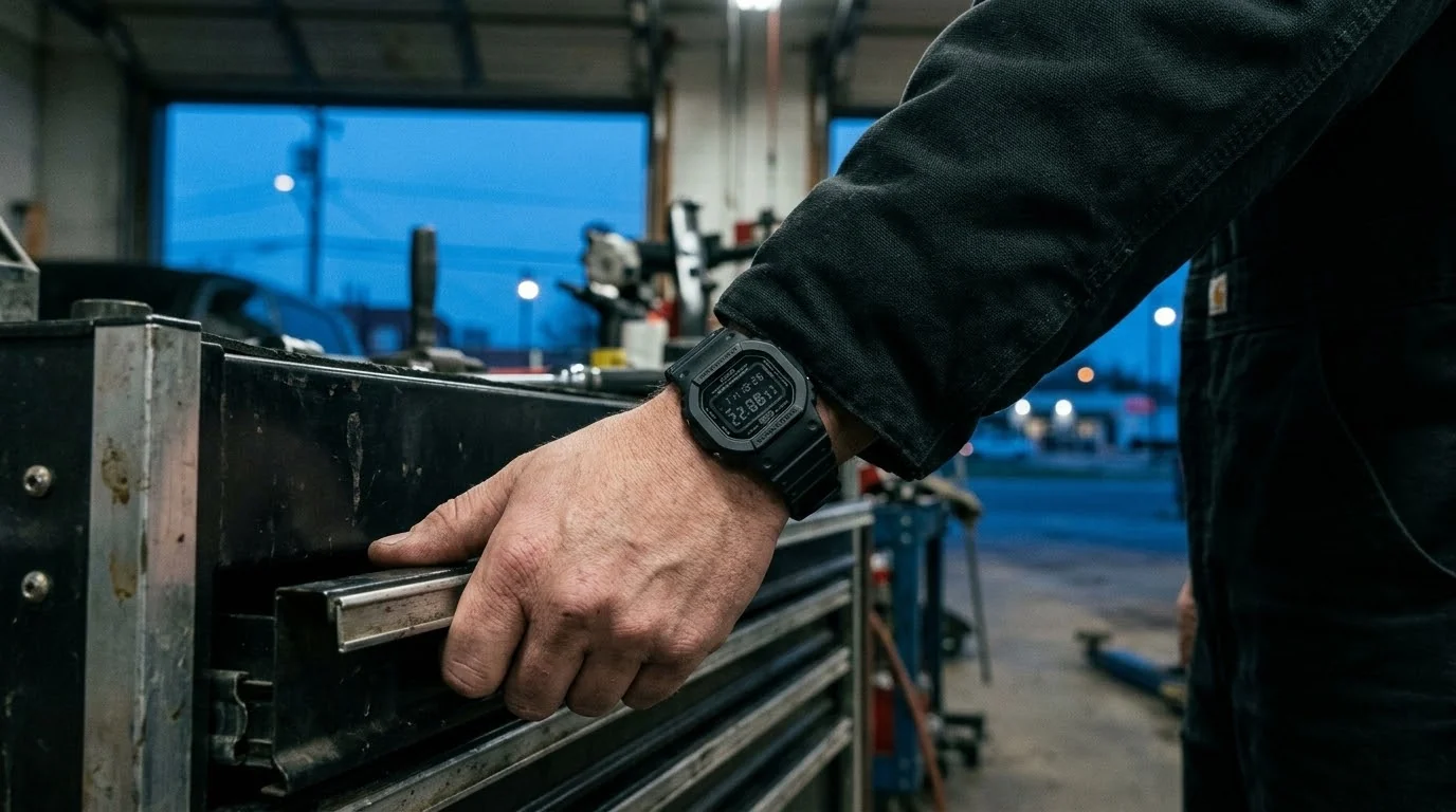Illustrative render — the blackout finish of the Casio G-Shock DW-5600 Square