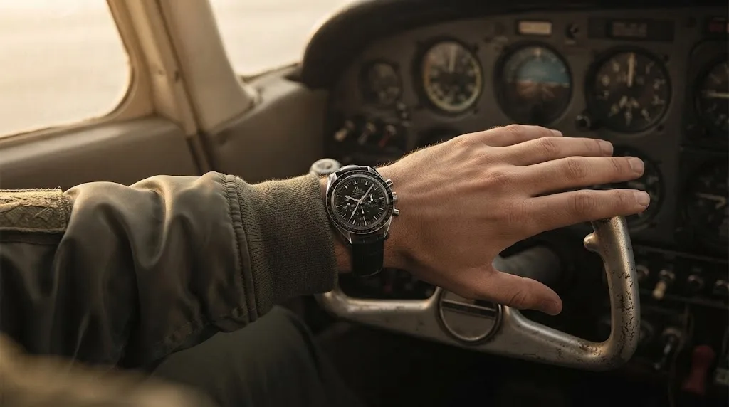 Illustrative render — buying it on amazon of the Omega Speedmaster Moonwatch Professional 42mm 311.33.42.30.01.002 (calibre 1863, sapphire front and back, black leather strap)