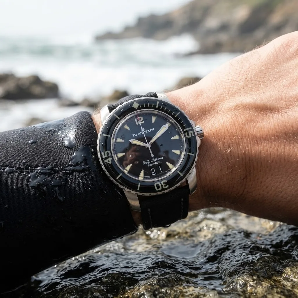 Illustrative render — buying it on amazon of the Blancpain Fifty Fathoms Grande Date 5050-12B30-B52A (steel, black dial, sail-canvas strap)