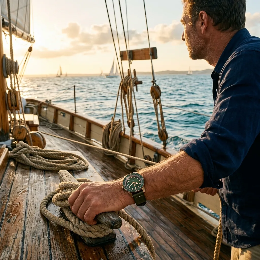 Rado Captain Cook on wrist on sailboat