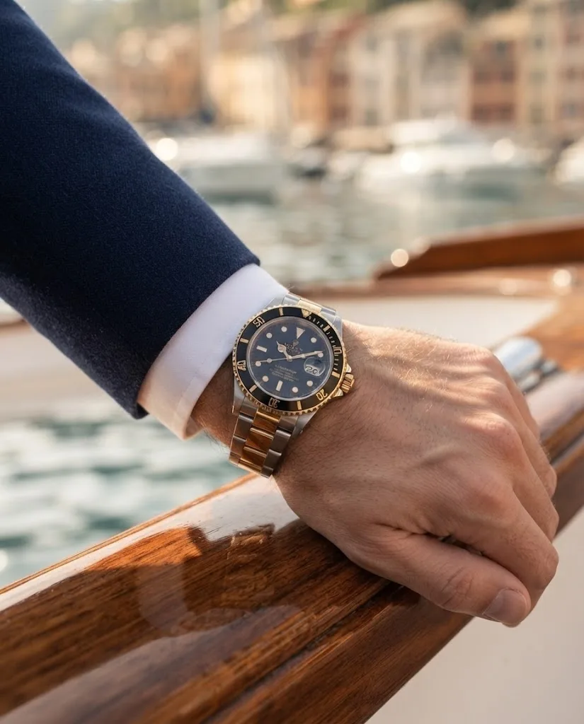 Illustrative render — buying it pre-owned on amazon of the Rolex Submariner Date 16803 (steel and 18k yellow gold, black dial, black bezel)