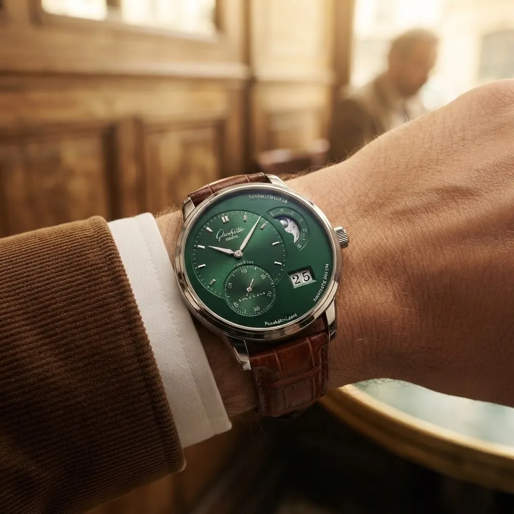 Illustrative render — buying it on amazon of the Glashütte Original PanoMaticLunar 1-90-02-13-32-31 (steel, forest green dial, nubuck alligator strap)