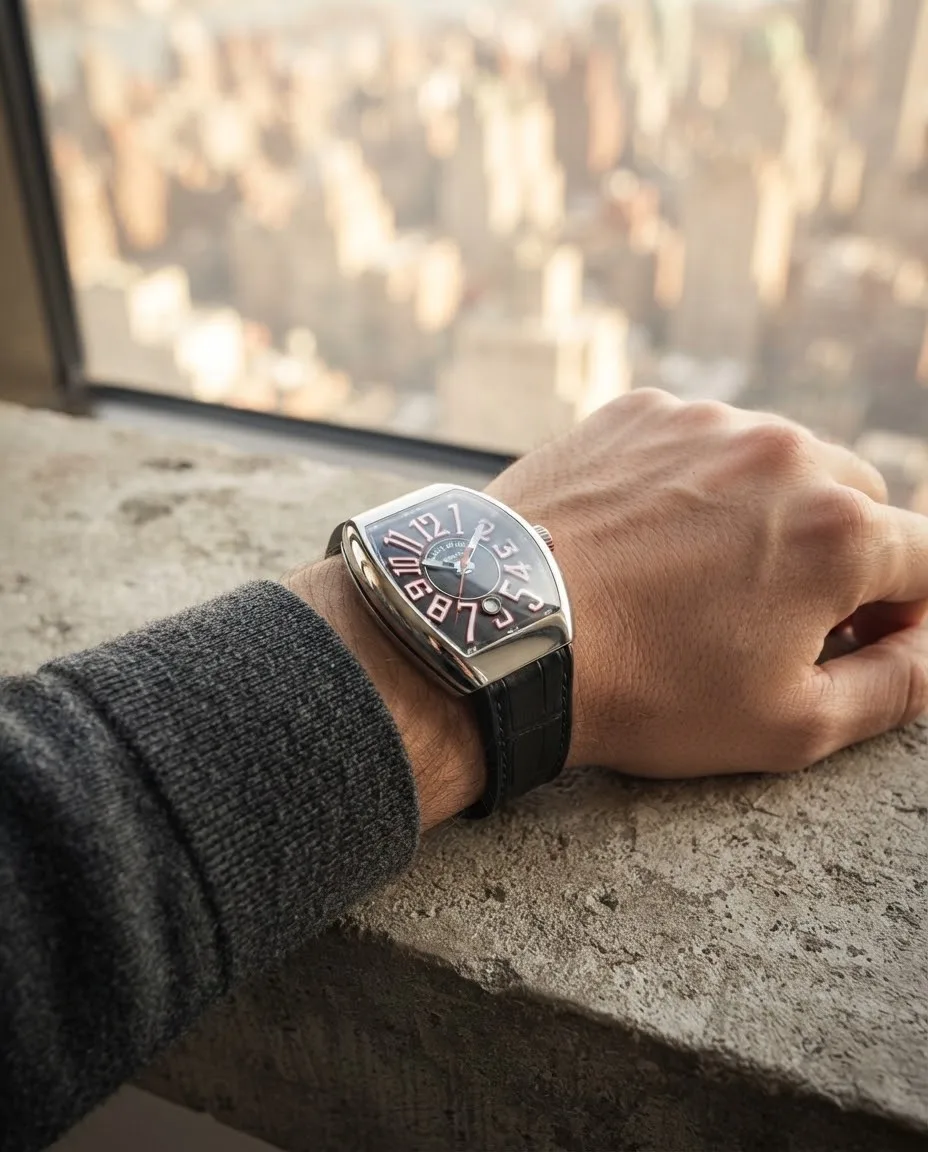 Illustrative render — buying it on amazon of the Franck Muller Vanguard Crazy Hours V 45 CH TT (black dial, white numerals outlined in red, black alligator-grain leather-insert strap)