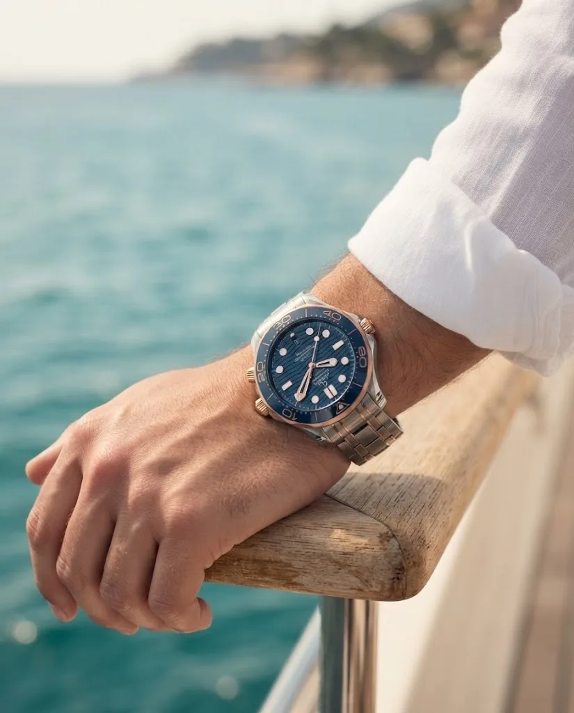 Illustrative render — buying it on amazon of the Omega Seamaster Diver 300M Co-Axial Master Chronometer 42mm 210.20.42.20.03.002 (steel and Sedna gold, blue dial, bracelet)