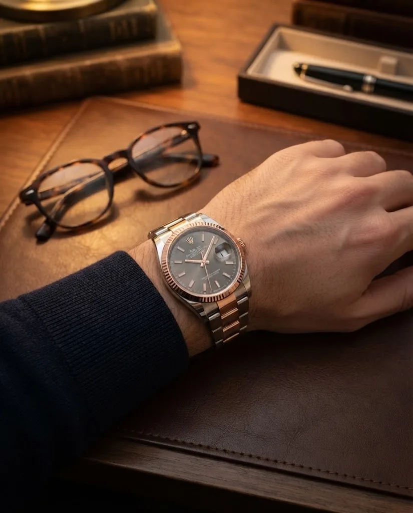 Illustrative render — buying it pre-owned on amazon of the Rolex Datejust 36 126231 (steel and Everose gold, fluted bezel, dark dial, Oyster bracelet)