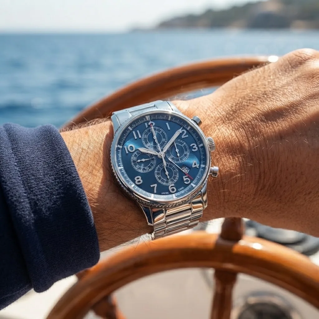 Illustrative render — buying it on amazon of the Ulysse Nardin Marine Chronograph Manufacture 1503-150-7M/63 (steel, blue dial, bracelet)