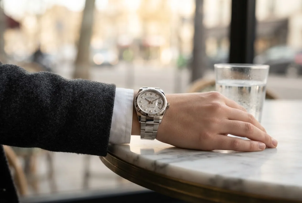 Illustrative render — buying it pre-owned on amazon of the Rolex Datejust 31 78274 (steel, white gold fluted bezel, meteorite diamond dial, box and papers)