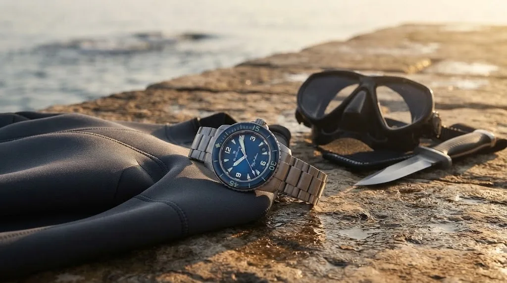 Illustrative render — buying it new on amazon of the Blancpain Fifty Fathoms 45mm (titanium, blue dial)