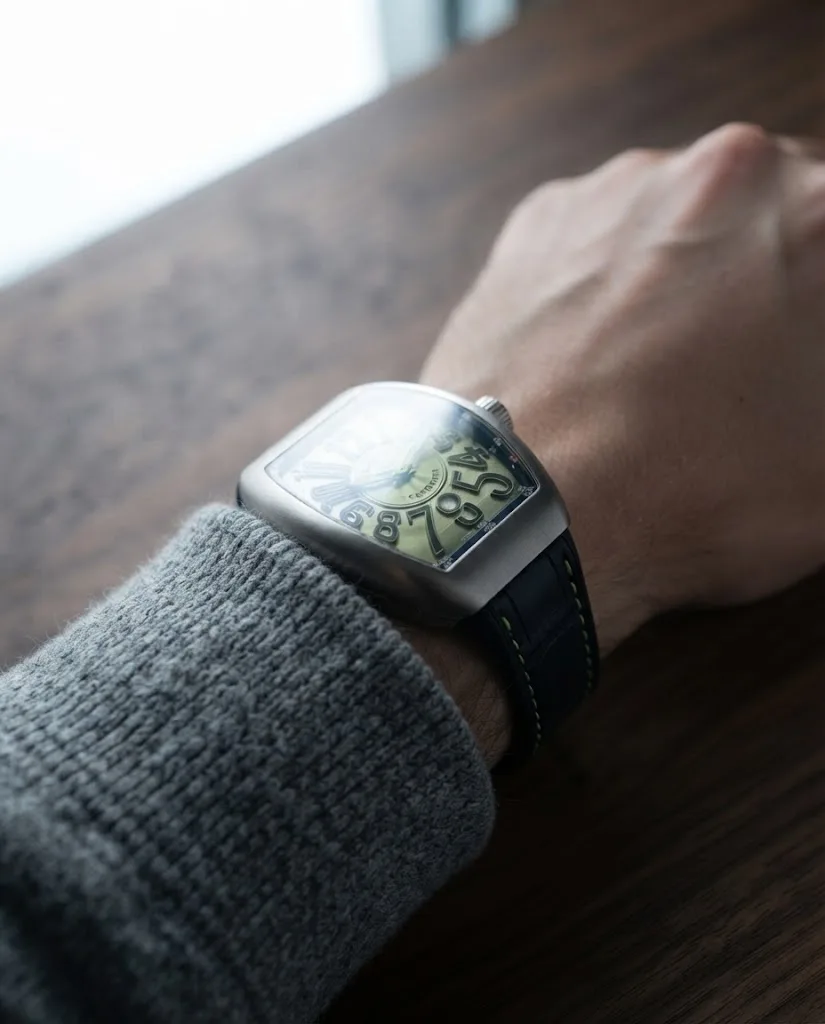 Illustrative render — buying it on amazon of the Franck Muller Vanguard Crazy Hours V 45 CH BR (green) (brushed steel, green numerals, black alligator strap with green stitching)