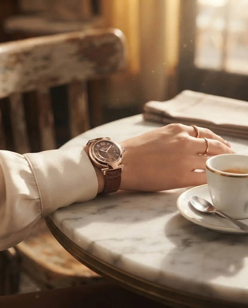 Illustrative render — buying it on amazon of the Chopard Imperiale 384221-5009 (18k rose gold, brown dial, brown alligator strap)
