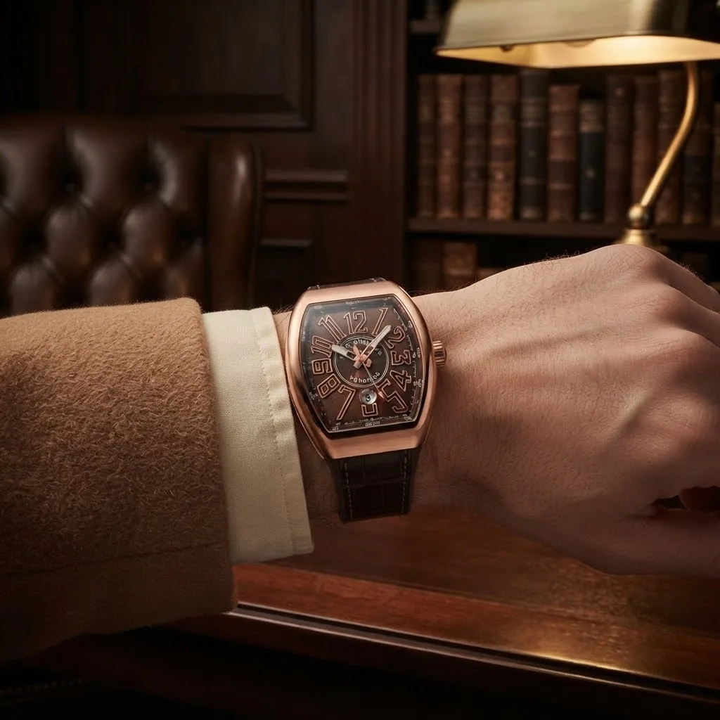 Illustrative render — buying it on amazon of the Franck Muller Vanguard V 45 SC DT (rose gold, brown compass dial, brown alligator strap)
