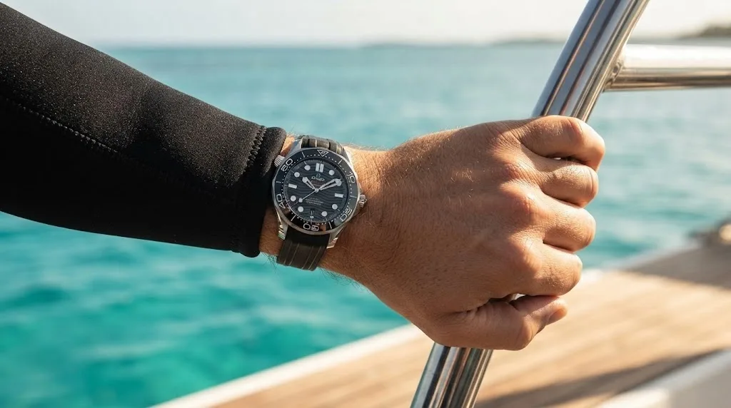 Illustrative render — buying it on amazon of the Omega Seamaster Diver 300M Co-Axial Master Chronometer 42mm 210.32.42.20.01.001 (steel, black ceramic dial, black rubber strap)