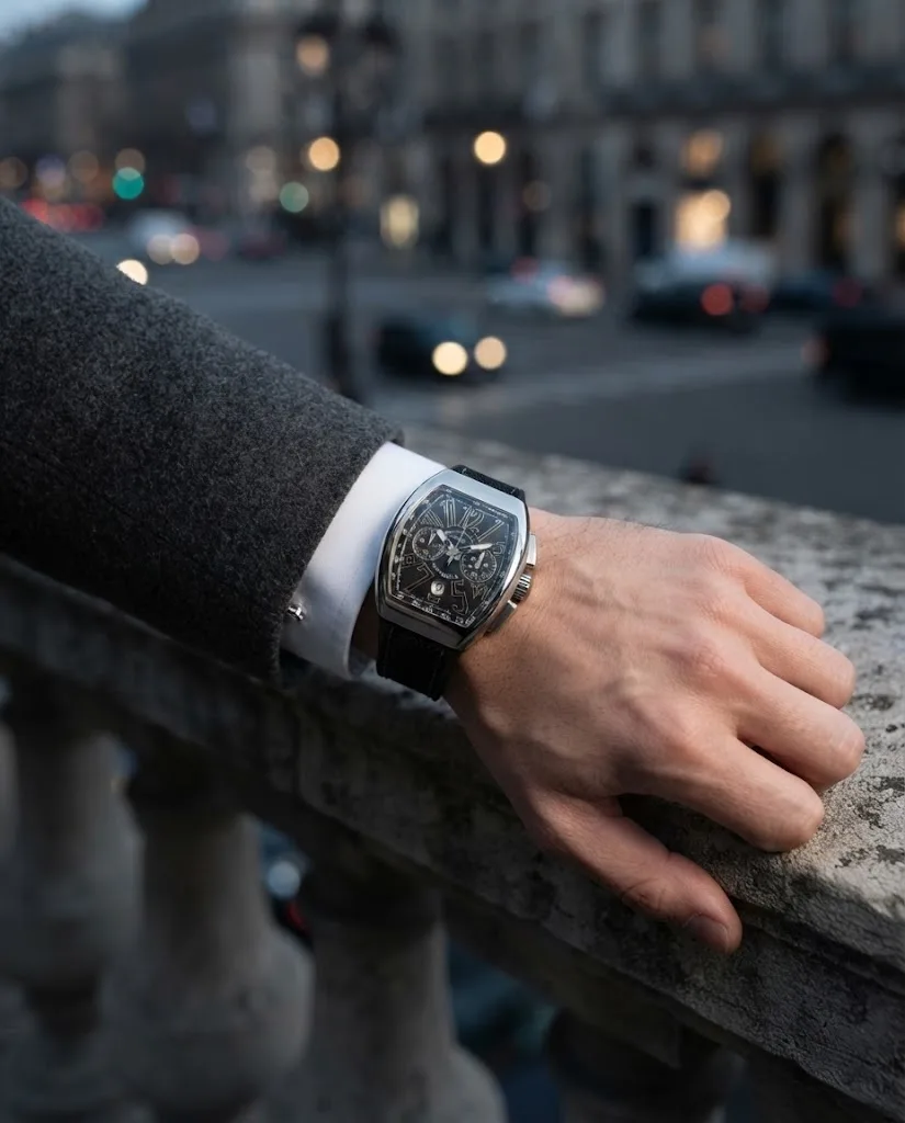 Illustrative render — buying it on amazon of the Franck Muller Vanguard V 45 CC DT AC BR.NR chronograph (polished steel, black guilloche dial, black leather-top rubber strap)