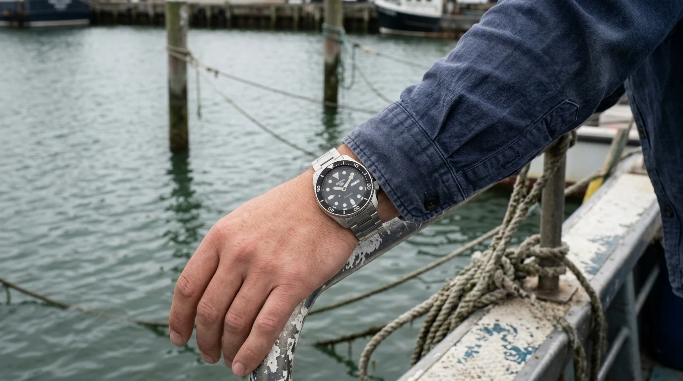 Illustrative render — wearing 42.5mm of the Seiko 5 Sports 5KX