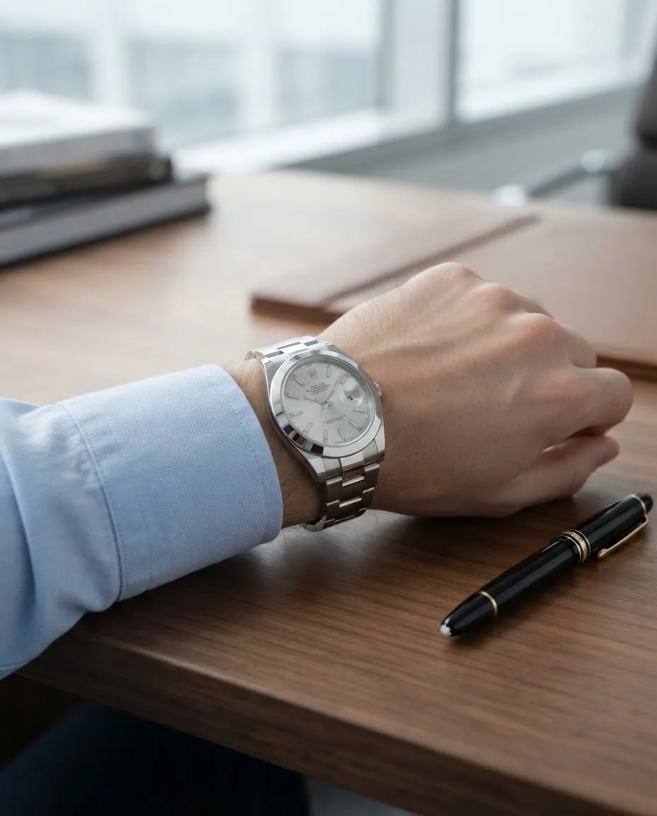 Illustrative render — buying it pre-owned on amazon of the Rolex Datejust 41 (steel, smooth bezel, silver dial, Oyster bracelet)