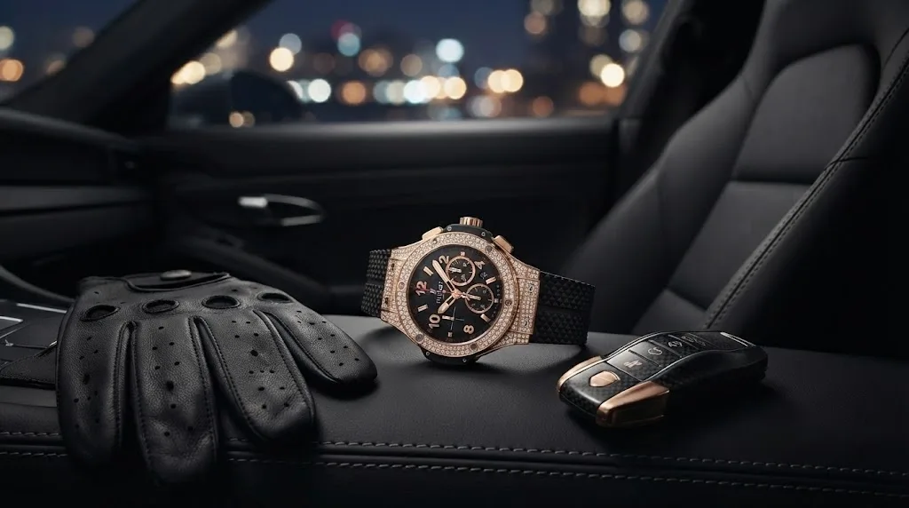 Illustrative render — buying it new on amazon of the Hublot Big Bang 44mm (rose gold, pavé diamonds)