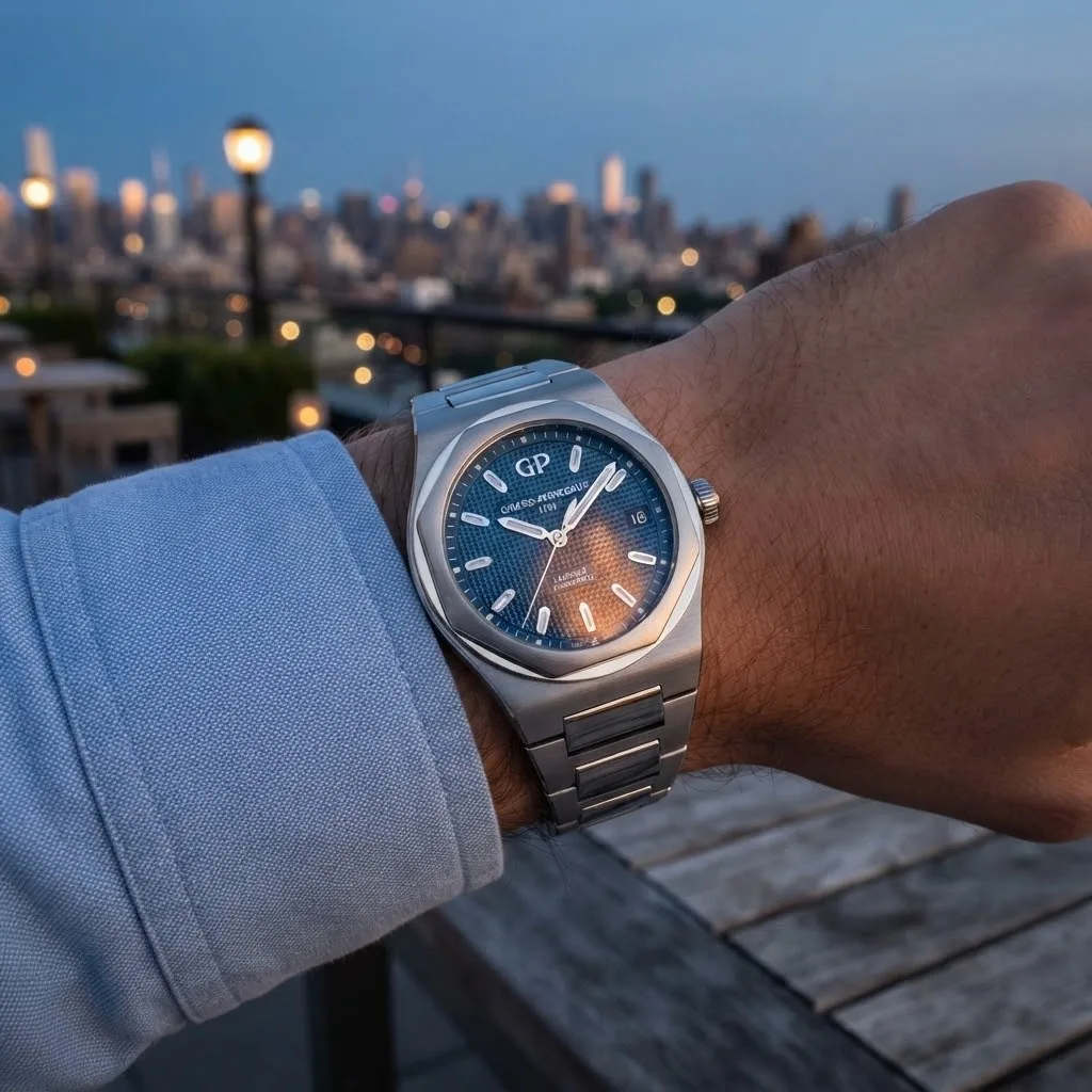 Illustrative render — buying it on amazon of the Girard-Perregaux Laureato 42 81010-11-431-11A (steel, blue Clous de Paris dial, bracelet)