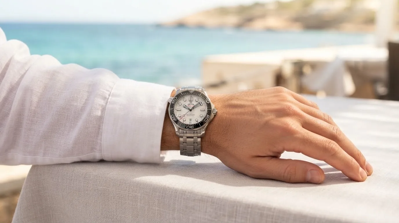 Illustrative render — buying it on amazon of the Omega Seamaster Diver 300M Co-Axial Master Chronometer 42mm 210.30.42.20.04.001 (steel, white ceramic dial, steel bracelet)