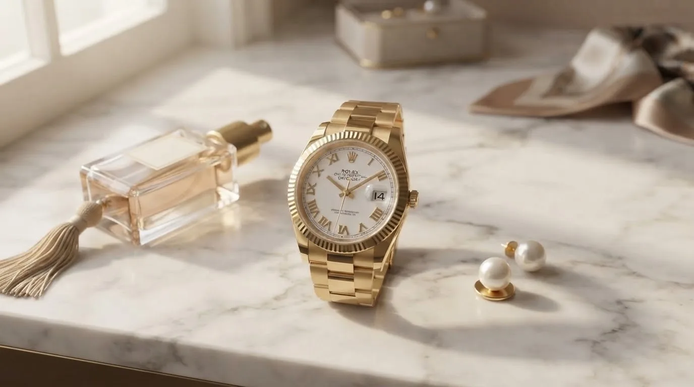 Illustrative render — buying it pre-owned on amazon of the Rolex Datejust 31 68278 (18k yellow gold, white Roman dial)