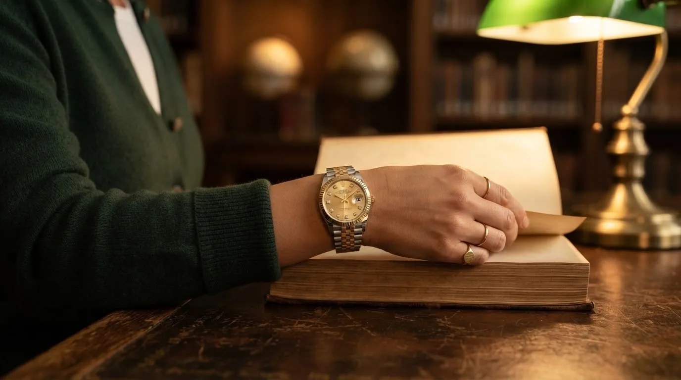 Illustrative render — buying it on amazon of the Rolex Lady-Datejust 26 (steel and 18k yellow gold, champagne diamond dial, fluted bezel, Jubilee bracelet, box, pre-owned)