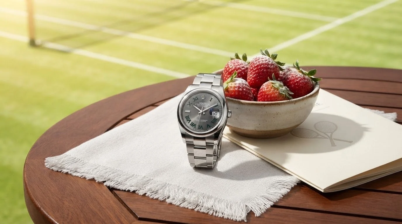 Illustrative render — buying one pre-owned on amazon of the Rolex Datejust 36 "Wimbledon"