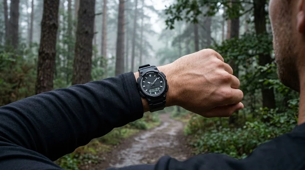 Illustrative render — what the resin buys of the Casio AQ-S820W Solar